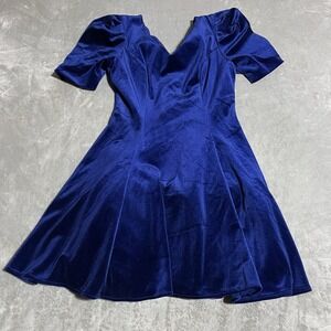 Vintage DBY Velvet Dress Womens 5 Blue V Neck Scalloped Fit Flare Puffy 80s